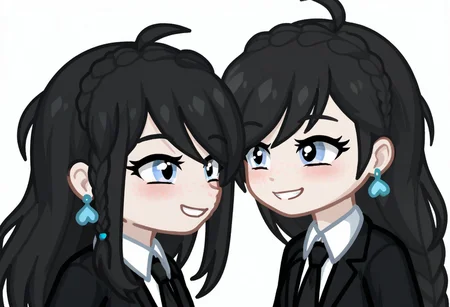GELUGDD, GELUGDDGacha, Gacha, girl, black hair, long hair, braid, blue eyes, blue earrings, black tie, black skirt, black jacket with tie, white background, smile, cute face, score_9, score_8_up, score_7_up, score_6_up, score_5_up, smile, cute face, ((( Side view ))), ((2girl))