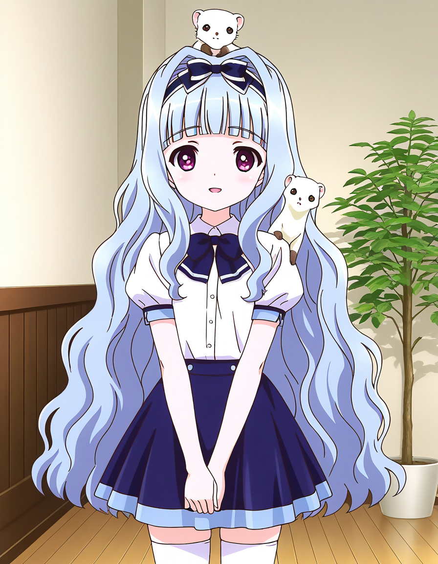 general,highres, ultra-detailed,very aesthetic,best quality ,best hands,  BREAK <lora:Watayuki_BP_IS:1>Watayuki(BP), 1girl,solo, hairband, very long hair, hair bow, purple eyes,  hair intakes, light blue hair, blunt bangs, wavy hair,
thighhighs, school uniform, skirt, white thighhighs, bow, zettai ryouiki, ribbon, blue skirt, light smile, v arms,
short sleeves, shirt, open mouth,  white shirt, puffy sleeves, looking at viewer, miniskirt,
three animals,  white_ferret,  animal on shoulder, on head, 
home in the room, flooring, plant,