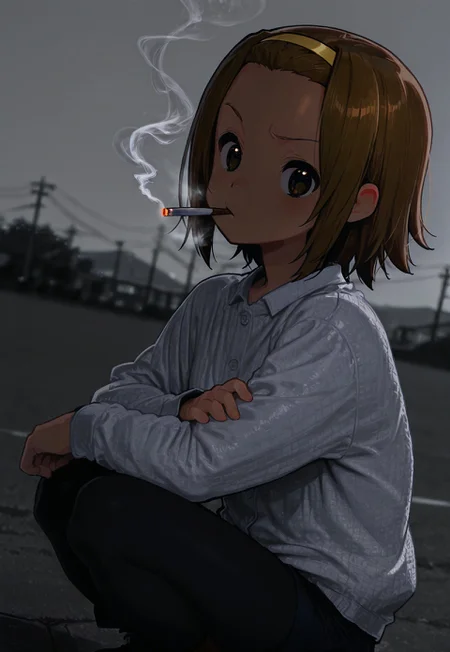 high contrast, masterpiece, best quality, amazing quality, very aesthetic, high resolution, ultra-detailed, absurdres,1girl, solo, prompt: rit5u, tainaka ritsu, harajuku fashion, smoking, looking at viewer, cowboy shot, (blurred background: field of view:1.3), (gray, gray theme:1.3), annoyed, dutch angle, sunset, crossed arms, from side, squatting, 