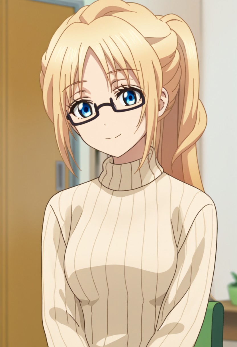 score_9, score_7_up, source_anime
ChisatoMizusawa, 1girl, solo, blue eyes, glasses, blonde hair, long hair, ponytail, sweater, ribber weater, turtleneck, smile,
indoor,