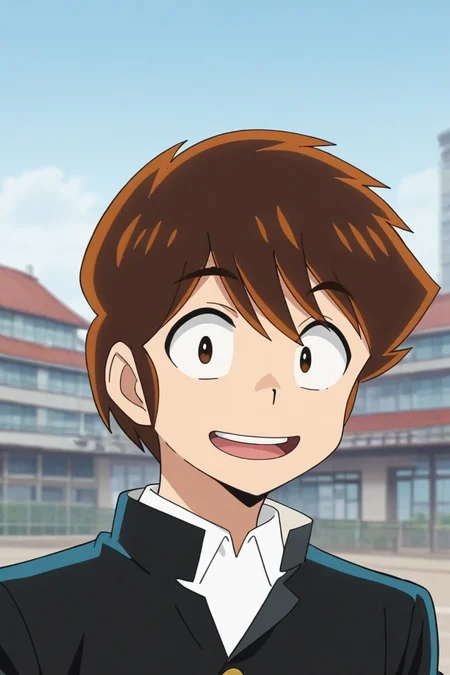 score_9, score_8_up, score_7_up,score_6_up,score_5_up,score_4_up,source_anime,BREAK, rating_safe, intricate details, , anime screencap, anime coloring, official style, depth of field,1boy, solo, male focus,<lora:ataru:0.85> ,ataru moroboshi,brown hair,dark brown eyes,short hair,hair between eyes,looking at viewer, smile, shirt, open mouth, jacket, school uniform, white shirt, upper body, outdoors, sky, blurry, black jacket,mischievous, ridiculous, expressive, lighthearted, over-the-top, absurd, goofy, wide-eyed, humorous, whimsical,blurry background, building, gakuran, style parody, photo background , , , <lora:sdxl_lightning_8step_lora_315544:1>