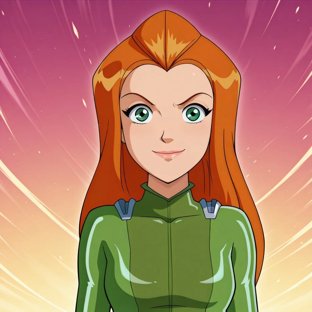masterpiece, best quality, good quality, 1girl, solo, cartoon, season6-style, sam_totally_spies, long hair, orange hair, green eyes, green bodysuit, sexy, medium breasts, beautiful, detailed, high detailed, very beautiful, detailed face, detailed eyes, detailed hand, abstract background, neon, smile, serious, looking at viewer, face focus, (close-up)