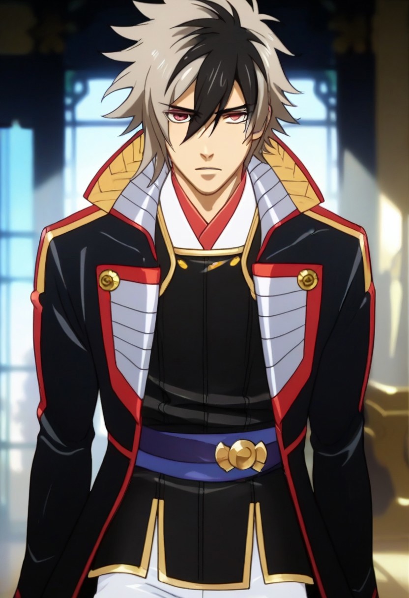 ((masterpiece)), ((best quality)), ((ultra-detailed)), ((absurdres)), score_9_up, score_8_up, score_7_up,
HD, top quality, best quality, amazing quality, High-quality illustrations, anime screencap, source_anime, best aesthetic, perfect proportions, perfect eyes, 1boy, 1male, solo boy, solo male, male focus, solo male focus, Anime, boy, male anime character, anime boy, handsome, cute, charming, Nobunaga Oda, multicolored hair, two-tone hair, ponytail, red eyes, black short coat, gloves, white pants, ((cowboy shot, head to hips shot)), ((facing front, front view)), easynegative, updn, Expressiveh, masterpiece, best quality, very aesthetic, absurdres