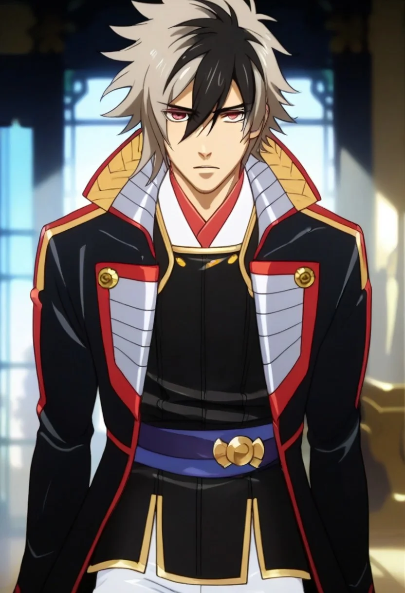 ((masterpiece)), ((best quality)), ((ultra-detailed)), ((absurdres)), score_9_up, score_8_up, score_7_up,
HD, top quality, best quality, amazing quality, High-quality illustrations, anime screencap, source_anime, best aesthetic, perfect proportions, perfect eyes, 1boy, 1male, solo boy, solo male, male focus, solo male focus, Anime, boy, male anime character, anime boy, handsome, cute, charming, Nobunaga Oda, multicolored hair, two-tone hair, ponytail, red eyes, black short coat, gloves, white pants, ((cowboy shot, head to hips shot)), ((facing front, front view)), easynegative, updn, Expressiveh, masterpiece, best quality, very aesthetic, absurdres