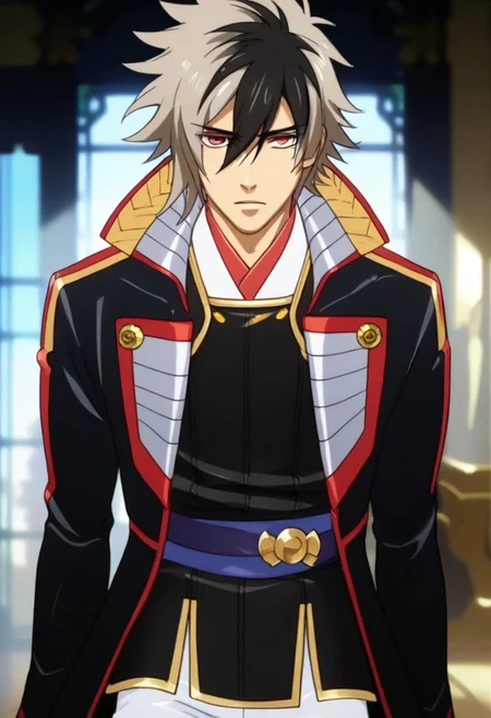 ((masterpiece)), ((best quality)), ((ultra-detailed)), ((absurdres)), score_9_up, score_8_up, score_7_up,
HD, top quality, best quality, amazing quality, High-quality illustrations, anime screencap, source_anime, best aesthetic, perfect proportions, perfect eyes, 1boy, 1male, solo boy, solo male, male focus, solo male focus, Anime, boy, male anime character, anime boy, handsome, cute, charming, Nobunaga Oda, multicolored hair, two-tone hair, ponytail, red eyes, black short coat, gloves, white pants, ((cowboy shot, head to hips shot)), ((facing front, front view)), easynegative, updn, Expressiveh, masterpiece, best quality, very aesthetic, absurdres