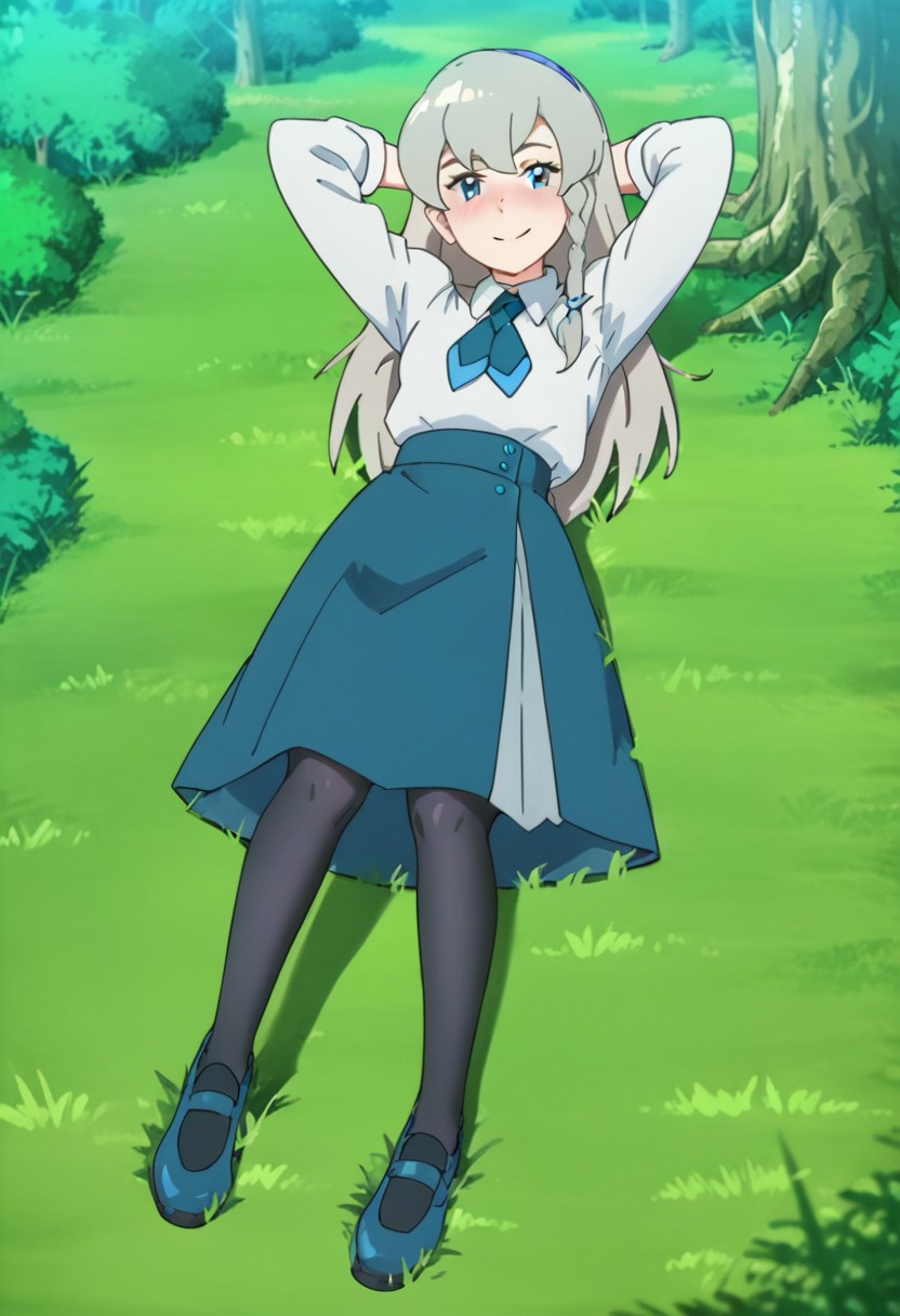score_9, score_8, score_7_up, source_anime, anime_coloring, anime_screenshot, highres, rating_quesitionable
PKMNRegina, 1girl, long hair, grey hair, bangs, braid, side braid, single braid, hairband, blue hairband, blue eyes, white shirt, collared shirt, school uniform, necktie, blue necktie, long sleeves, skirt, blue skirt, pantyhose, shoes, blue footwear,
solo, full body, (lying on grass), on back, arms behind head, seductive smile, looking at viewer, naughty face, nose blush, forest, tree