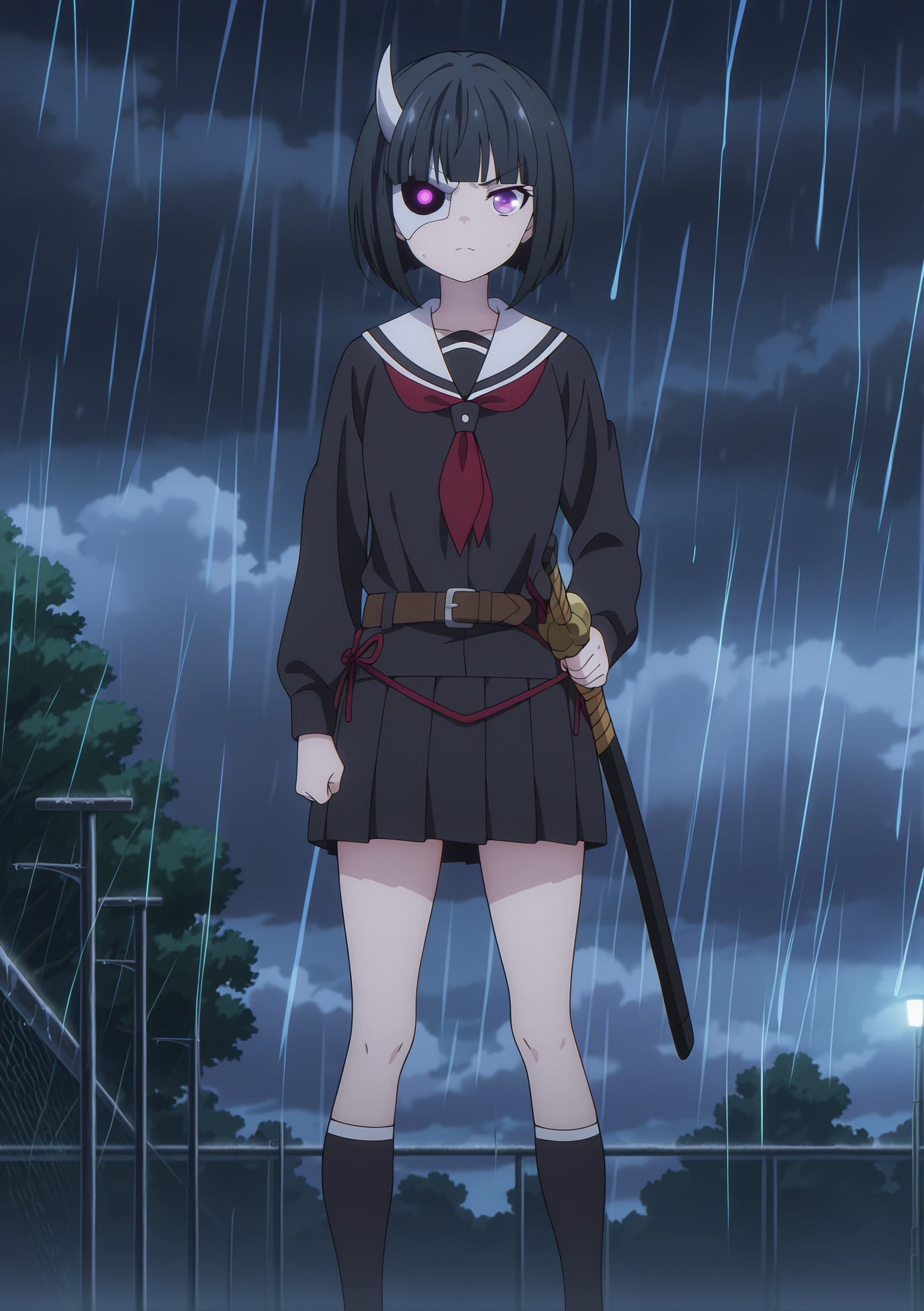 volumetric lighting, official style, amazing quality, ultra detailed, highres, detailed background,anime coloring, (anime screencap) masterpiece, detailed face,1girl<lora:Rin_Onigawara__:0.7>Rin_Onigawara, black hair, short hair, purple eyes, bangs, bob cut, blunt bangs, half-mask, horn, v-shaped eyebrows, school uniform, skirt, socks, shoes, pleated skirt, kneehighs, black skirt, loafers, long sleeves, black serafuku, sheath, hand on sheath, outdoors,standing raining, looking at viewer, glowing eyes, cloudy,