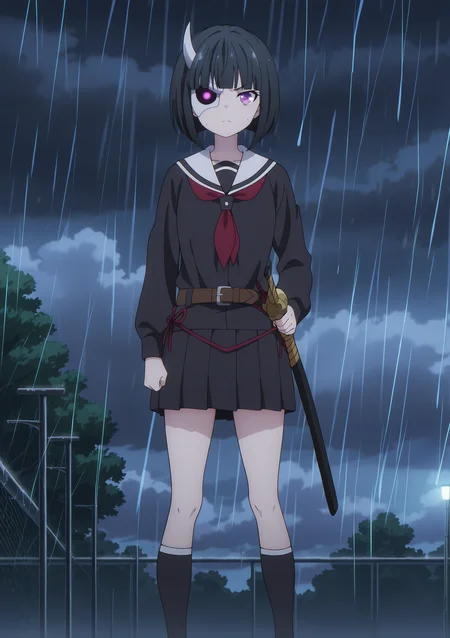 volumetric lighting, official style, amazing quality, ultra detailed, highres, detailed background,anime coloring, (anime screencap) masterpiece, detailed face,1girl<lora:Rin_Onigawara__:0.7>Rin_Onigawara, black hair, short hair, purple eyes, bangs, bob cut, blunt bangs, half-mask, horn, v-shaped eyebrows, school uniform, skirt, socks, shoes, pleated skirt, kneehighs, black skirt, loafers, long sleeves, black serafuku, sheath, hand on sheath, outdoors,standing raining, looking at viewer, glowing eyes, cloudy,