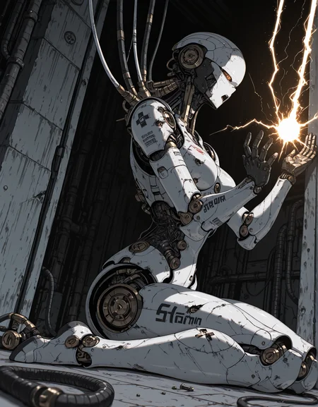 masterpiece, best quality,high quality, newest, highres,8K,HDR,absurdres, solo, sitting, no humans, glowing, wariza, robot, science fiction, on floor, electricity, cable, joints, robot joints, damaged, mechanical parts, wire, humanoid robot, screw, bolt, Countless lightning, electric shock, open mouth, Open five fingers,hands up, Bent back, Low Angle
<lora:iLLMythSmo0thL1nes:1> Smo0thL1nes