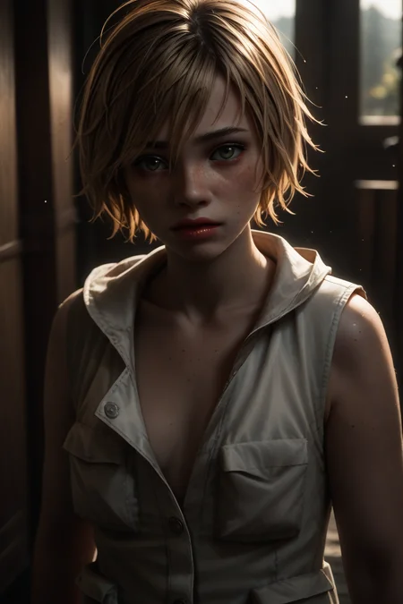 1girl, depth of field, highly detailed, high contrast ,  god rays, volumetric lighting,solo,<lora:dark:0.4>  <lora:Heather_mason_lora:0.8> heather_mason, blonde hair, short hair, freckles,open vest,small breast,, PonyXLV6_Scores, zPDXL3, <lora:Hyper-SDXL-8steps-lora:1>, <lora:Nyl2s_tyle:0.5> <lora:g0th1cPXL:0.4> g0thicPXL,
