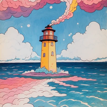 Score_9, score_8_up, score_7_up, score_6_up, BREAK <lora:Pastel_ReveriePony:1> ArsMJStyle, Pastel Reverie, The image shows a drawing of a lighthouse in the middle of a body of water surrounded by a sky filled with clouds., no humans, smoke, traditional media, cloud, sky, outdoors, painting (medium)