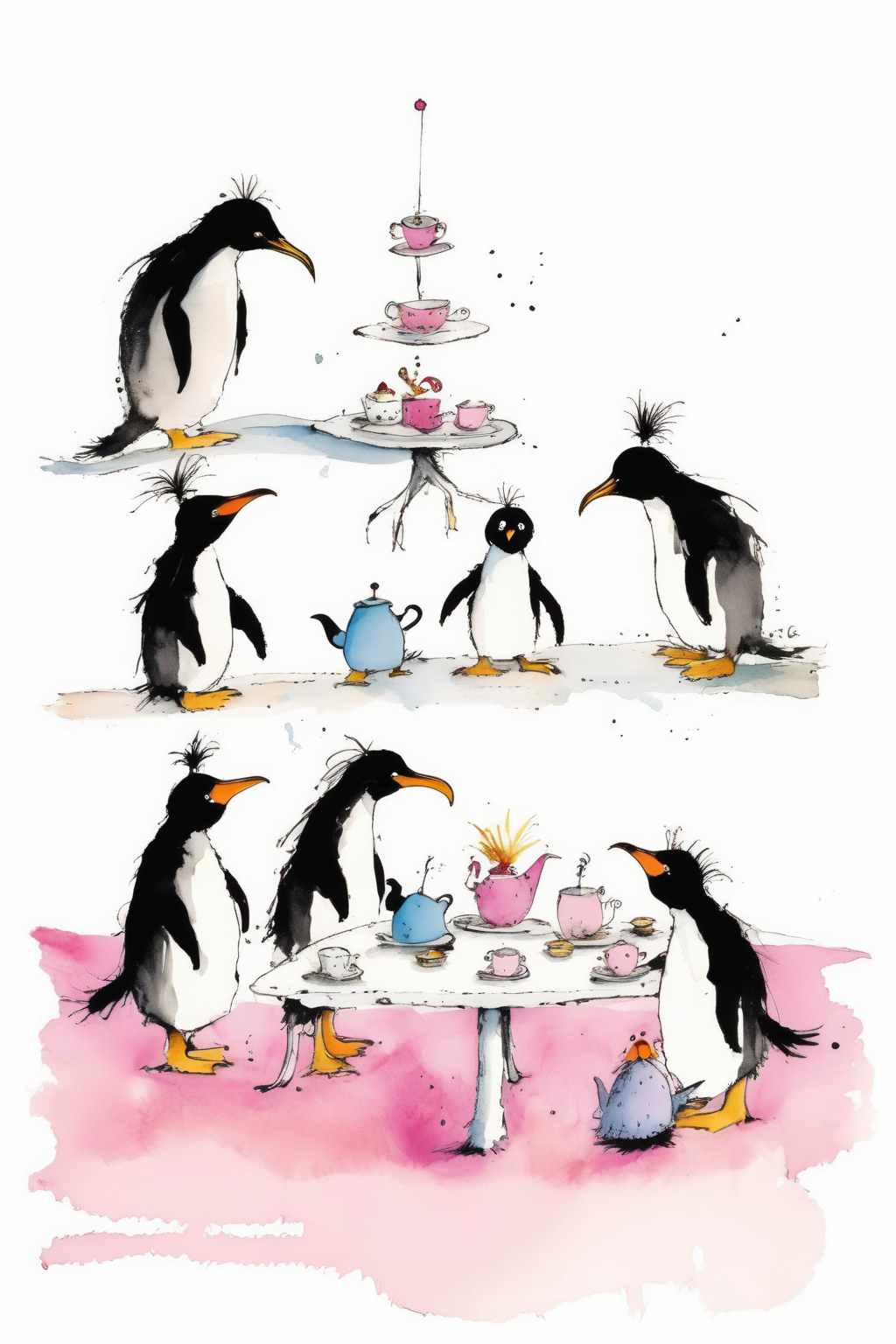 <lora:Quentin Blake Style:1>Quentin Blake Style - penguins having a tea party illustration in the style of quentin blake. Include a small toddler with blond hair with two ponytails in the centre; and include lots of references to tasmania. the whole illustration should be inside a frame with an empty banner at the bottom. White space around a square frame. Feature shades of pink.