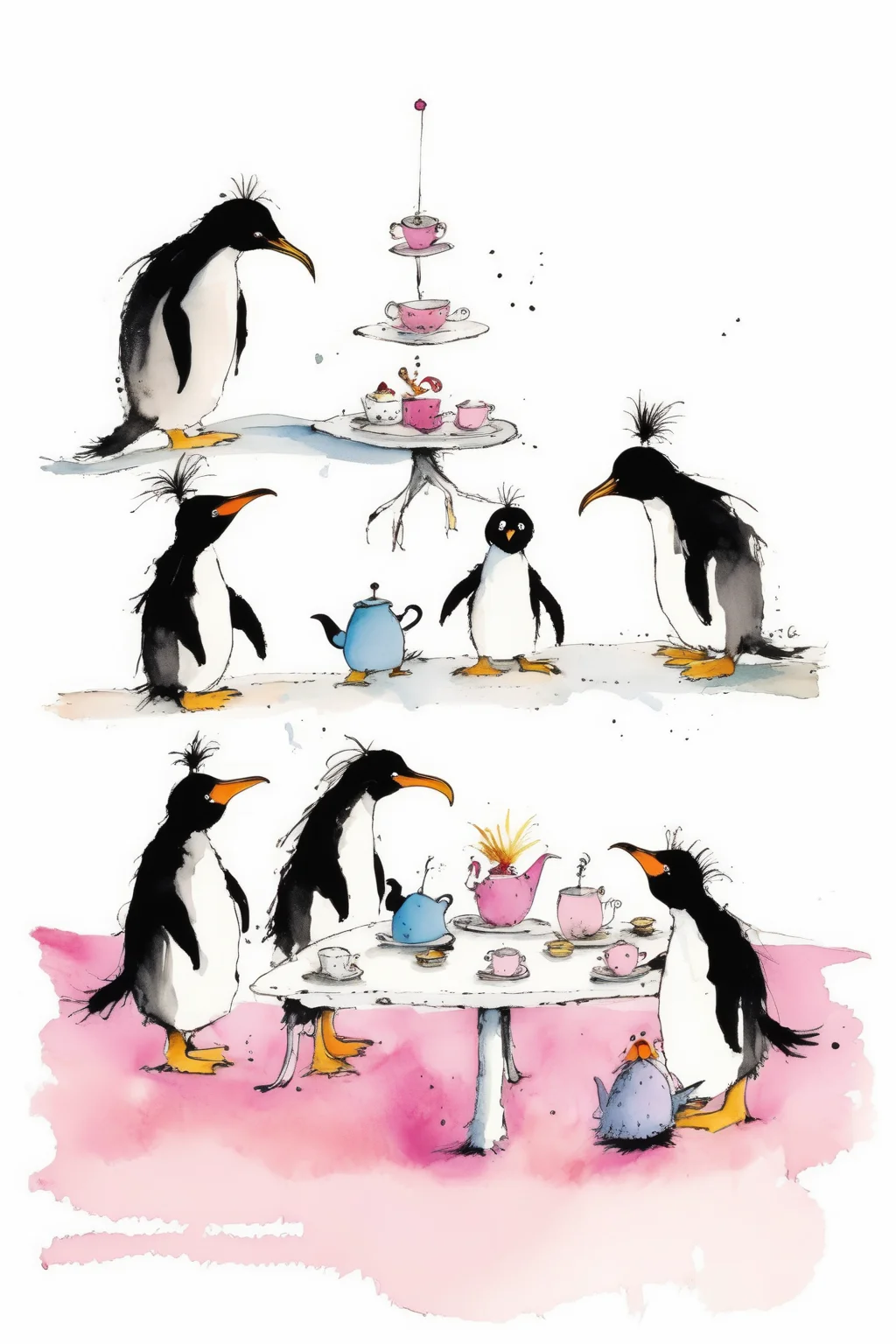 <lora:Quentin Blake Style:1>Quentin Blake Style - penguins having a tea party illustration in the style of quentin blake. Include a small toddler with blond hair with two ponytails in the centre; and include lots of references to tasmania. the whole illustration should be inside a frame with an empty banner at the bottom. White space around a square frame. Feature shades of pink.