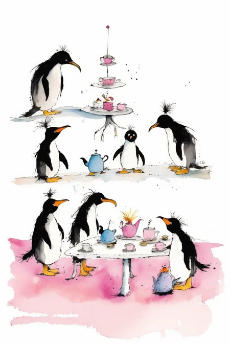 <lora:Quentin Blake Style:1>Quentin Blake Style - penguins having a tea party illustration in the style of quentin blake. Include a small toddler with blond hair with two ponytails in the centre; and include lots of references to tasmania. the whole illustration should be inside a frame with an empty banner at the bottom. White space around a square frame. Feature shades of pink.