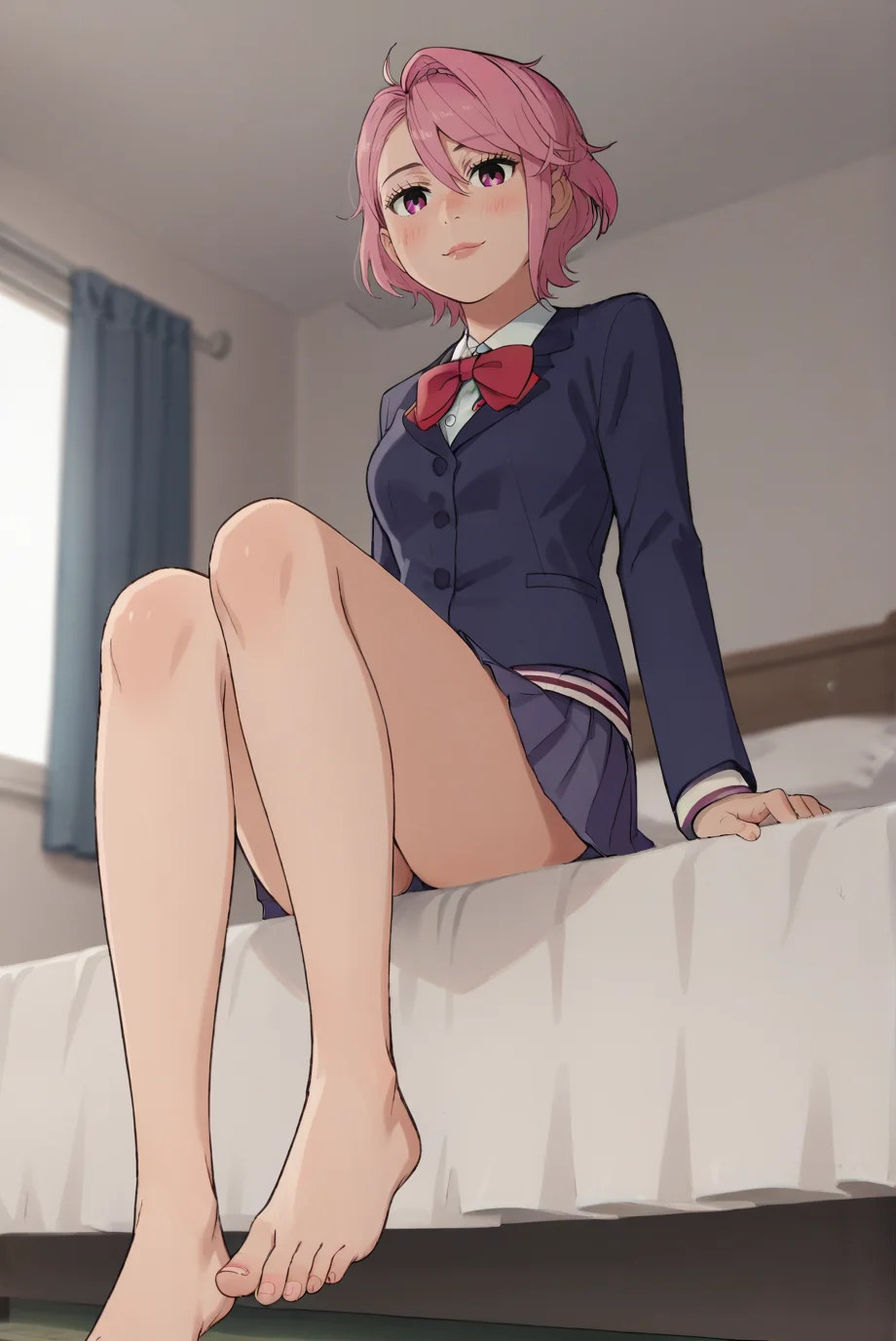 score_9, score_8_up, score_7_up, score_6_up, score_5_up, score_4_up, BREAK source_anime, 1girl, solo,
<lora:AiraShiratoriXL-v1-07:0.7>, ChopioAira, short hair, pink hair, swept bangs, hair between eyes, lips, pink eyes, looking at viewer, 
[small breasts : medium breasts: 10], narrow waist, wide hips,
outfit_1, blazer, blue jacket, collared shirt, red bowtie, long sleeves, pleated skirt, blue skirt, miniskirt, barefoot, feet,
japanese bedroom, bed, on bed, sitting, looking down, depth of field, blurry background,
(from below:1.3), feet focus, seductive smile, blush,