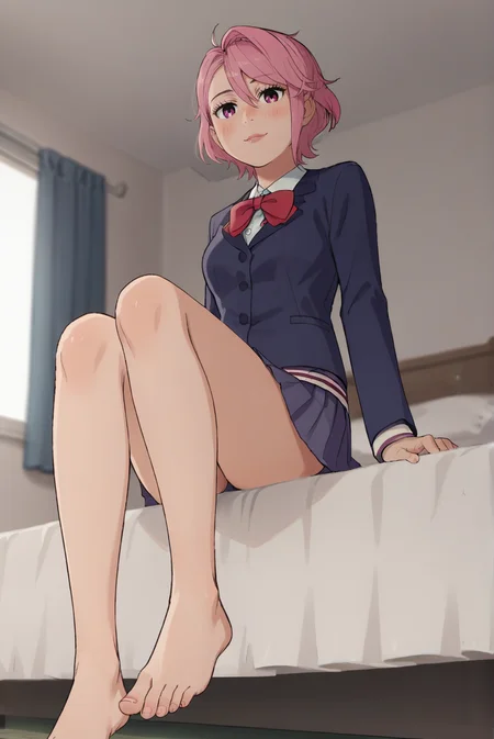 score_9, score_8_up, score_7_up, score_6_up, score_5_up, score_4_up, BREAK source_anime, 1girl, solo,
<lora:AiraShiratoriXL-v1-07:0.7>, ChopioAira, short hair, pink hair, swept bangs, hair between eyes, lips, pink eyes, looking at viewer, 
[small breasts : medium breasts: 10], narrow waist, wide hips,
outfit_1, blazer, blue jacket, collared shirt, red bowtie, long sleeves, pleated skirt, blue skirt, miniskirt, barefoot, feet,
japanese bedroom, bed, on bed, sitting, looking down, depth of field, blurry background,
(from below:1.3), feet focus, seductive smile, blush,