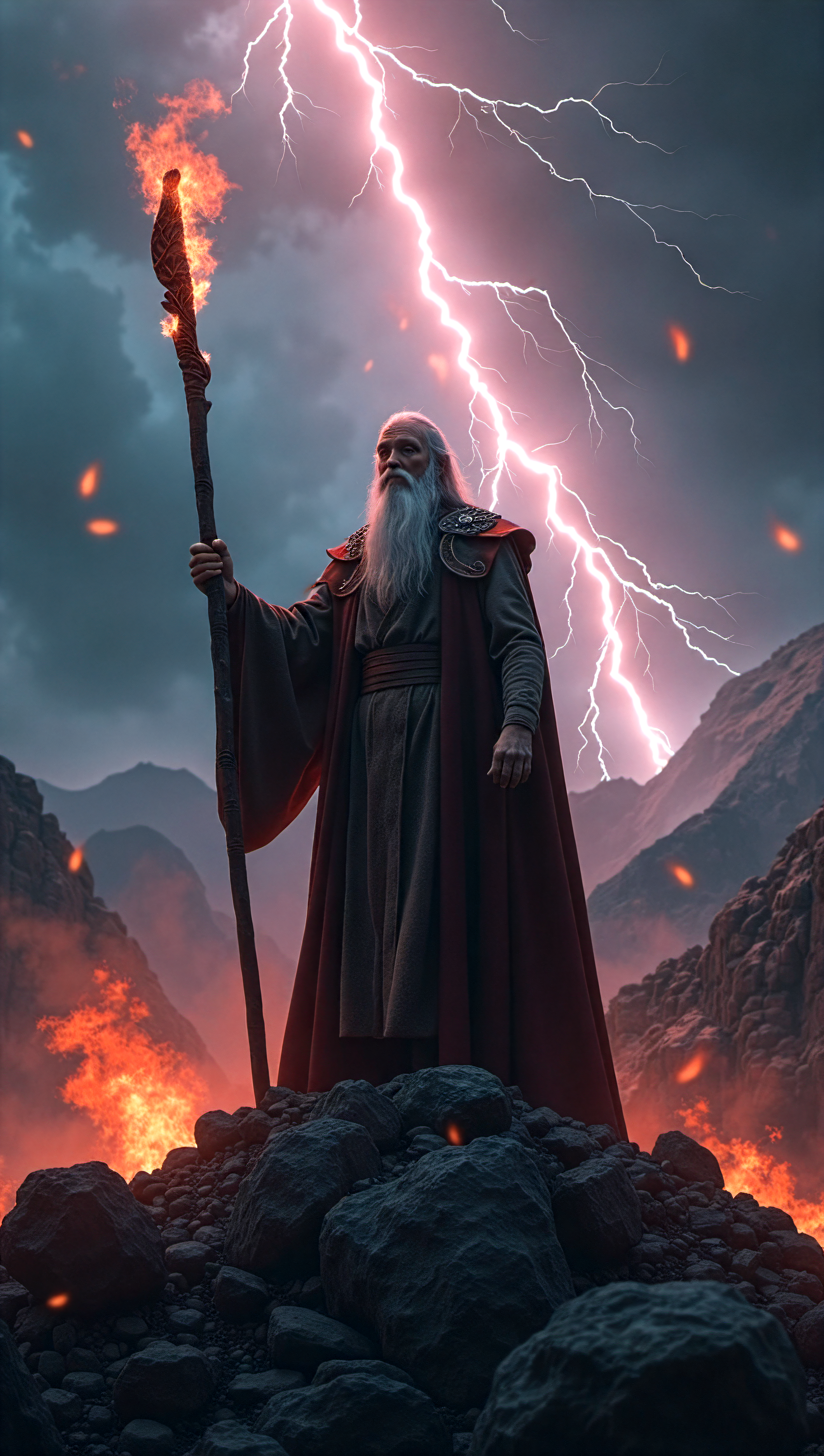 a powerful wizard stands on a mountaintop during a raging thunderstorm, red lightning strikes all around him, fire in the skies, he holds a large handcarved staff, top down shot, closeup,focus on face in style of 'The Lord of the Rings' directed by Peter Jackson, high fantasy, epic landscapes, detailed costumes, ancient architecture, dramatic lighting, lush greenery, majestic kingdoms, mythical races, vast horizons, rugged terrains, enchanting forests, elaborate armor . embedding:EZRealPONYXL,