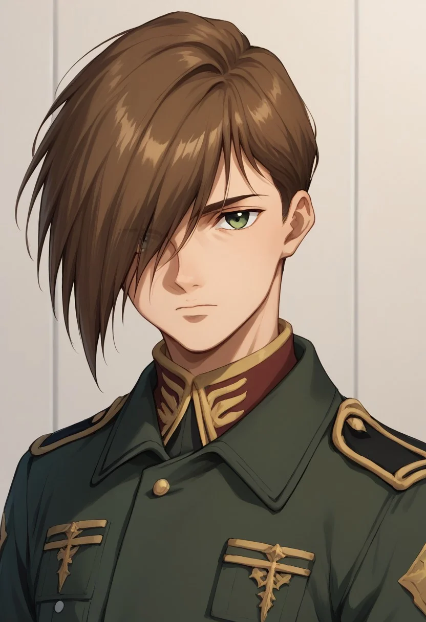 score_9, score_8_up, score_7_up, source_anime, highly detailed,
trowa, 1boy, male focus, solo, uniform, military uniform, military, brown hair,
green eyes, closed mouth, upper body, looking at viewer, green jacket, grey pants, hair over one eye
indoor