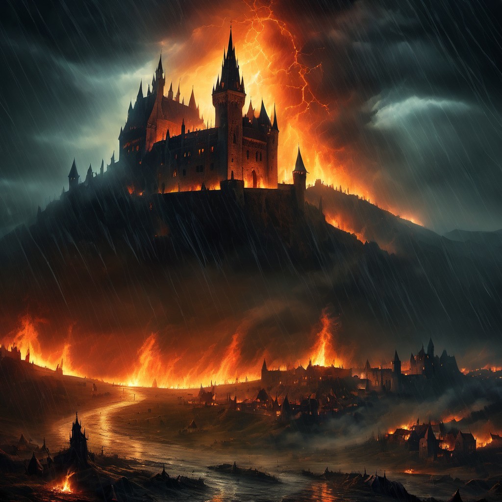 endless dreamscape of terror, transylvania, rain, fire, castle, demons vs angels, apocalypse, night, thunder