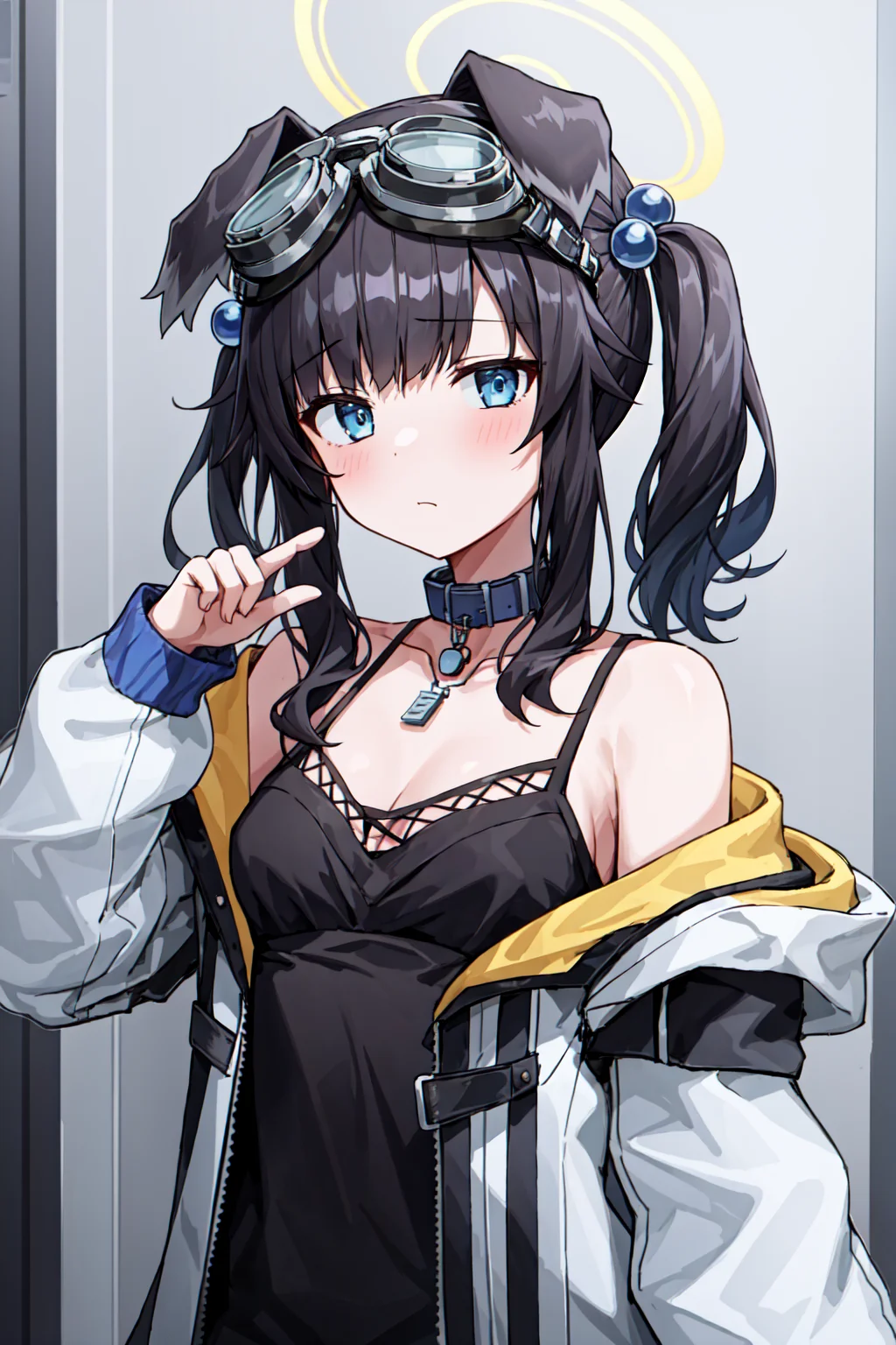 masterpiece, best quality, ultra-detailed, 1girl, bare shoulders, blue eyes,  closed mouth, collar, default, dog tags, goggles on head, hair bobbles, hair ornament, halo, hand up, hibiki, jacket, long sleeves, off shoulder, open jacket,  twintails, upper body, white jacket, indoors <lora:hibikiV2:1>