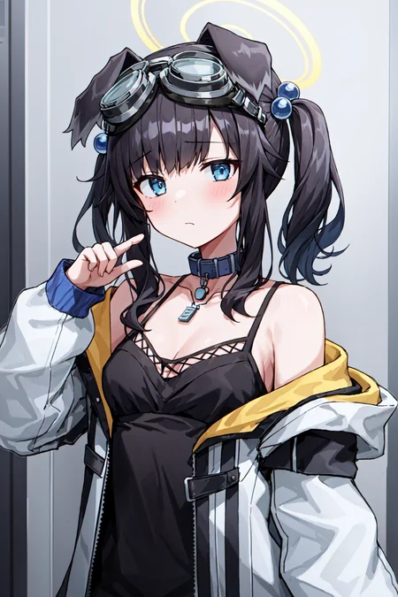 masterpiece, best quality, ultra-detailed, 1girl, bare shoulders, blue eyes, closed mouth, collar, default, dog tags, goggles on head, hair bobbles, hair ornament, halo, hand up, hibiki, jacket, long sleeves, off shoulder, open jacket, twintails, upper body, white jacket, indoors <lora:hibikiV2:1>