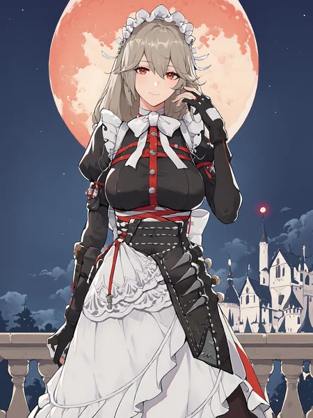 1girl, alexandrina sebastiane, low-tie long hair, hair ribbon, holster, maid headdress, black long dress, maid apron, white bowtie, partially fingerless gloves, (looking at viewer, light smile, hand in own hair), cowboy shot, night sky, red moon, cloud, castle, outdoors, ghost, depth of field <lora:Char-ZZZ-AlexandrinaSebastiane-pony-V1:1>, score_9, score_8_up, score_7_up, source_anime, <lora:style-laserflip:0.4> <lora:style-odanon:0.4>