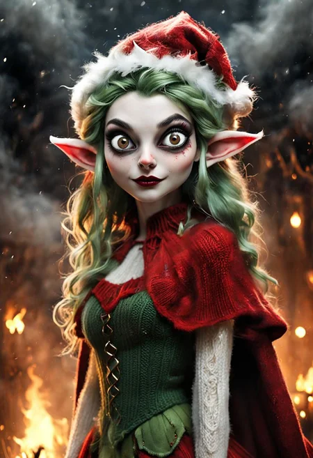 Dark Horror Christmas White bloody fairy Like adorable petite skinny Female nightmare Christmas elf, never ending story, hellish Christmas, furry, very wooly, Large eyes, Red Green fuzzy furry like, flying through Plasma Clouds, Long hairy fluffy, devouring, blushed seducing shy Happy Look from beneath, knitted hairband and knitted Wooly stockings,, Cape and Hair in Wind, Wind Vortex, tanslucent, hundrets of levitating luminous leafs