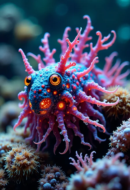 in the style of ck-ovf, award-winning macro photo, (short depth of field:1.2), the wondrous otherworldly "flamboyant boneblab" is a diminutive colorful coundrilsized ocean-dwelling organism splindering in the extreme temperatures and chemical-rich waters surrounding deep-sea hydrothermal vents on planet "nomsward i", there it is harnessing geothermal energy for sustenance