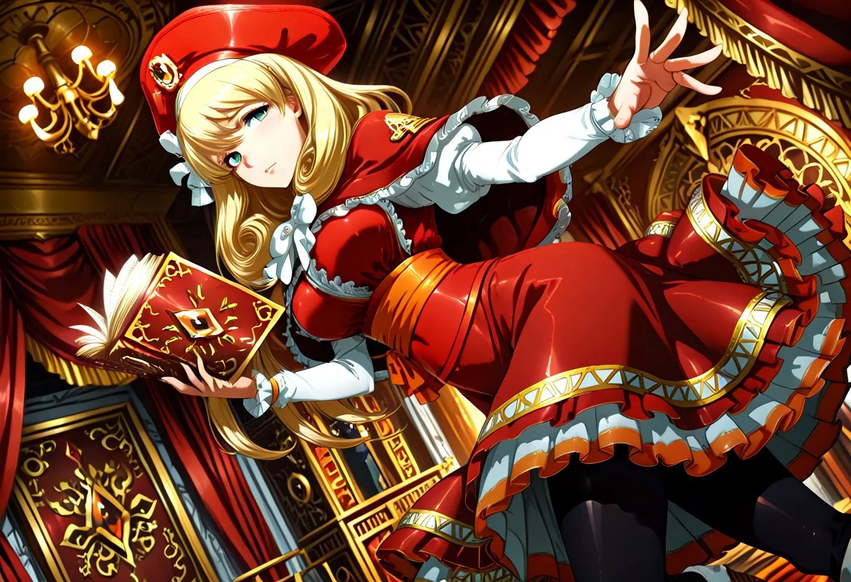 diamondMW ,countless diamonds,
Smooth Quality, score_9, score_8_up, score_7_up, source_anime, masterpiece, best quality, amazing quality, very aesthetic, high resolution, ultra-detailed, beautiful eyes, absurdres, scenery, depth of field, volumetric lighting, dynamic angle,
1girl,rechel,blonde hair,green eyes,white headband,r_hat,r_clothes,red cape,red dress,black_pantyhose,r_book,
b4ckst4g3, backstage, curtains, scaffolding, indoors,