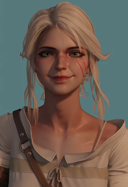 score_9, score_8_up, score_7_up, score_6_up, score_5_up, score_4_up, 1girl, <lora:CiriW3:0.85> , solo, green eyes, white hair, white shirt, scar, scar on face, smile, blush, looking at viewer, portrait, face focus,
light blue background, simple background, 3d, render,