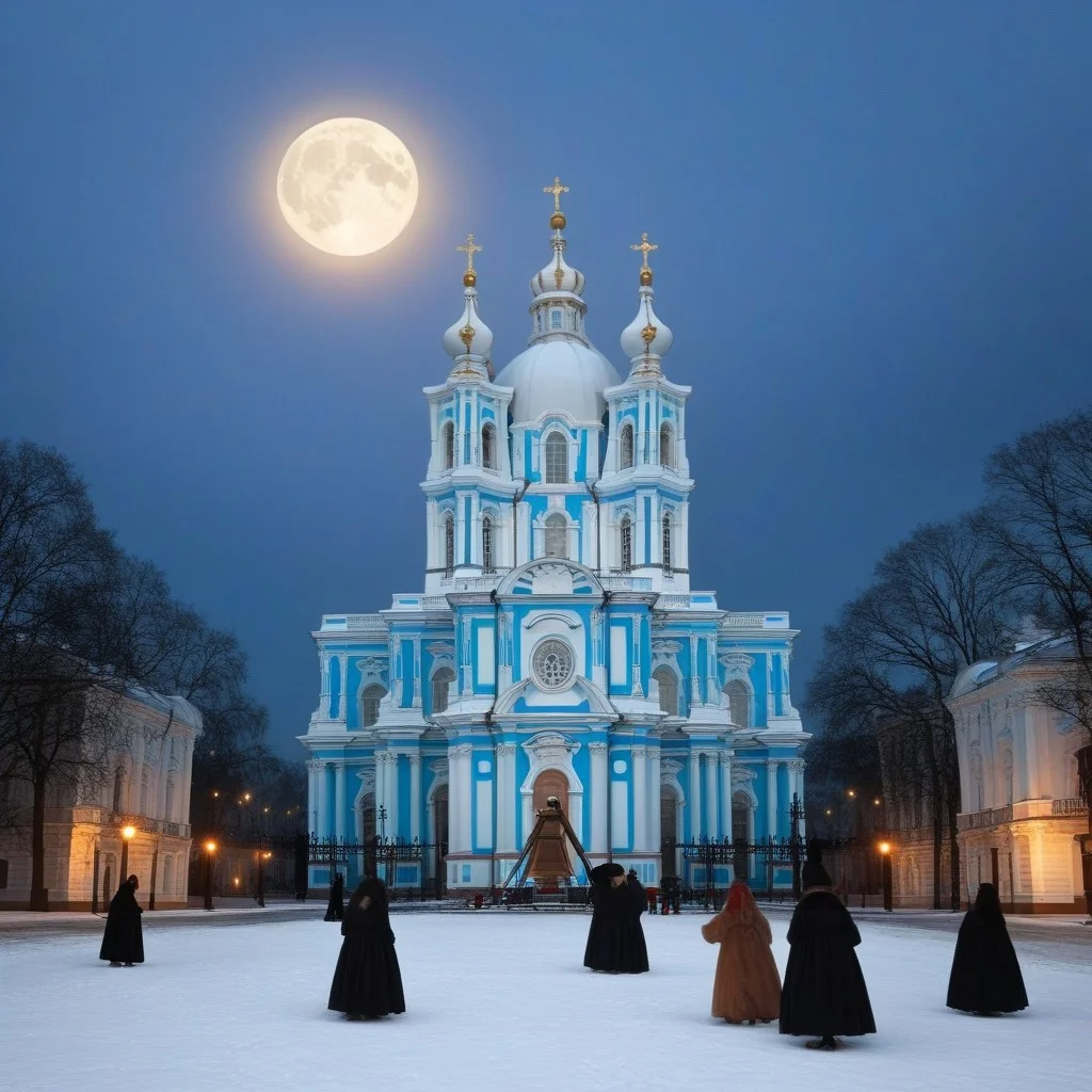 Witches' Sabbath under the full moon, with Smolny Cathedral in the background, oil painting