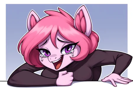 safe_pos, masterpiece, score_9_up, score_8_up, score_7_up, score_6_up, (best quality:1.1), ultra-detailed, high resolution, mlp, solo, Fiana_II, anthro pony, thin eyebrows, purple eyes, long eyelashes, mare, female, pony ears, pink fluff in ears, pale pink fur, short pink mane with red gradient tip, breasts, narrow waist, wearing winter fur BREAK <lora:Wheeze_XLPD:0.8> Wheeze, open mouth, tears, laughing, hand on table, clenched hand BREAK expressiveh, highly visible, sharp focus, anatomically correct, highly visible, sharp focus