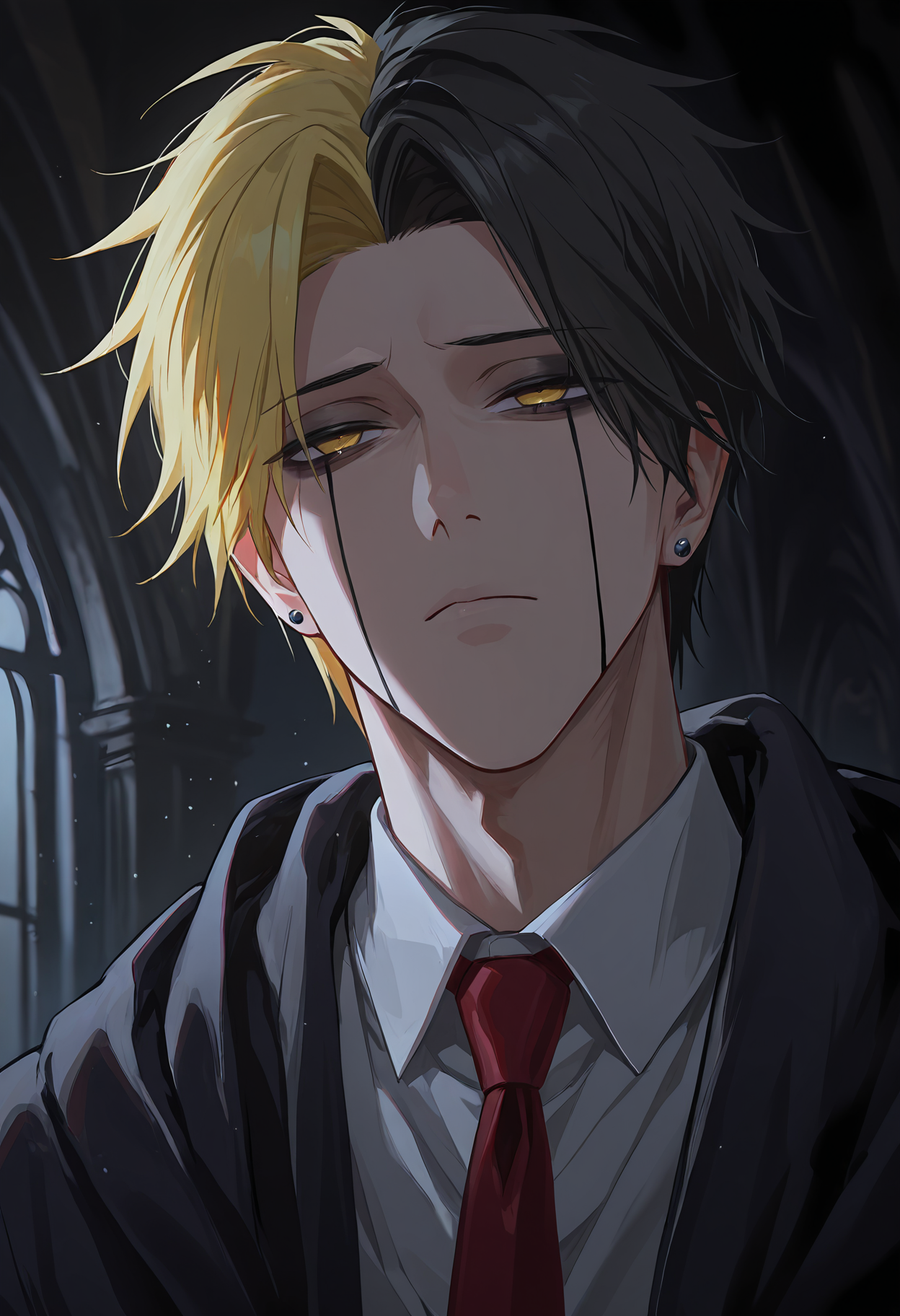 masterpiece, best quality, amazing quality, very aesthetic, absurdres, newest, detailed background, ram3s, 1boy, male focus, solo, facial tattoo, blonde hair, black hair, two-tone hair, yellow eyes, earrings, cloak, collared shirt, red necktie, long sleeves, very sad, frown, teardrop, dark, black eyeliner, thick eyeliner, excessive eyeliner, black eyeshadow, sulking
