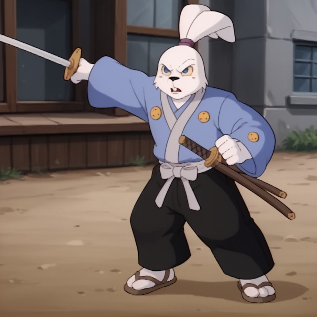 score_9, score_8_up, score_7_up, score_6_up, score_5_up, score_4_up, source_furry, Usagitmnt, anthro, male, rabbit, white fur, rabbit ears, buck teeth, blue eyes, yellow sclera, blue shirt, long sleeves, black pants, ears tied, topknot, purple hairband, socks, sandals, standing, outside, holding, katana, fighting stance