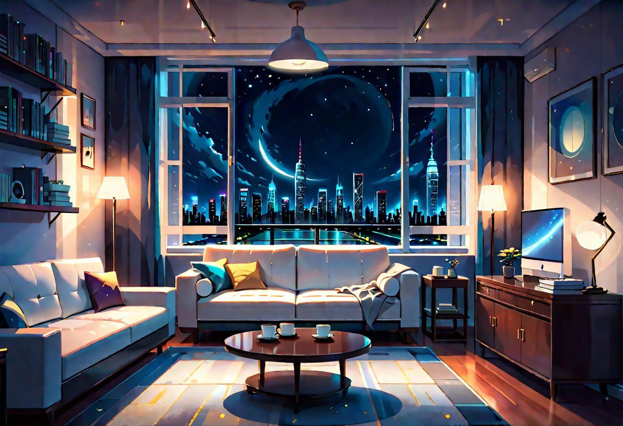 ((front view)), Shallow scene, ((animation style)), modern-style interior, with white walls, (large windows), a  study, Sofa, coffee table, bookcase, single wall, (gloomy room), Turn off ceiling lighting, Turn off the indoor lights and turn on only the desk lamp, quiet and mysterious night sky, starry sky, moonlight, city night view, (City high-rise building scenery), (City scenery outside the window)