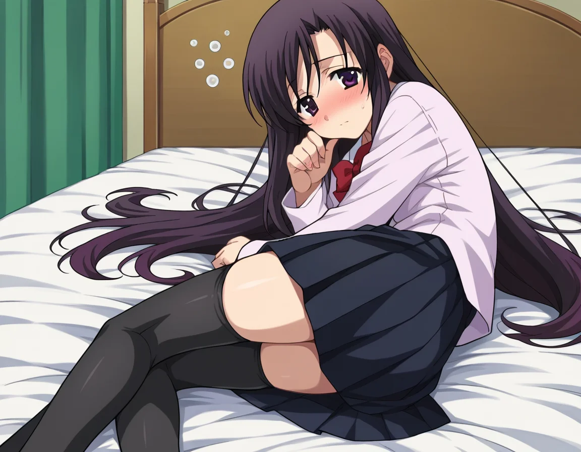 score_9, score_8_up, score_7_up, source_anime,
kotonohakatsura, <lora:kotonoha-katsura-ponyxl-lora-nochekaiser:1>,
kotonoha katsura, purple eyes, black hair, long hair,
black thighhighs, bow, red bow, school uniform, skirt, thighhighs, zettai ryouiki,
indoors, bed, bed room, on side, blush, drunk,
looking at viewer, cowboy shot,