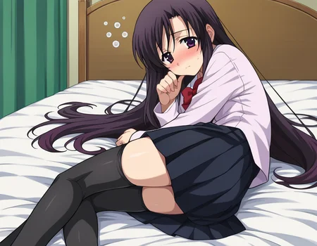 score_9, score_8_up, score_7_up, source_anime,
kotonohakatsura, <lora:kotonoha-katsura-ponyxl-lora-nochekaiser:1>,
kotonoha katsura, purple eyes, black hair, long hair,
black thighhighs, bow, red bow, school uniform, skirt, thighhighs, zettai ryouiki,
indoors, bed, bed room, on side, blush, drunk,
looking at viewer, cowboy shot,