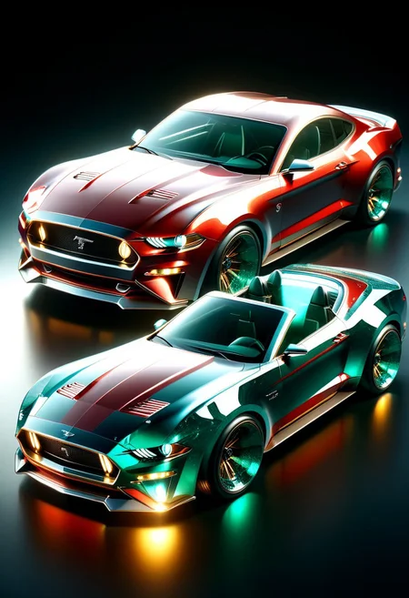 A futuristic car made entirely of transparent crystal that has hints of a 1955 Chorvett sting ray convertible. It is entirely made out of transparent red glass crystal, ultra detailed, enhanced, prismatic colors, render, CRU, sharp, 8k, octane render, cinema 4d, blender, dark, atmospheric 4k ultra detailed, cinematic, Sharp focus, big depth of field, Masterpiece, colors, 3d octane render, 4k, concept art, hyperrealistic, Vivid colors, extremely detailed 8k wallpaper, Intricate, High Detail. Car has square LED headlights, a glowing LED Ford mustang emblem. LED running lights Car is in a futurist high tech dealer showroom on a circular platform that is lit from below. The car has several spotlights on it which only enhance the crystal. camera is looking down and sideways as the car. emeraldmorph