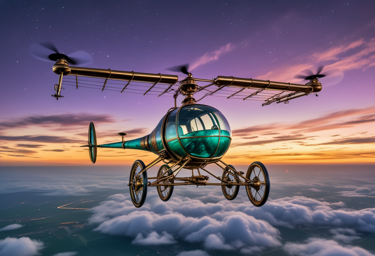 award winning, (professional photo) of (vintage large verdigris steampunk gyrocopter) with brass body,  etched glass, the aircraft is flying over  a twilight cloudscape, with deep purples and blues, the last light of day fading away, stars beginning to peek through, under the stars, , creative, beautiful, vibrant, masterpiece, 64k, UHD, HDR, full view, atmospheric lighting, extremely detailed