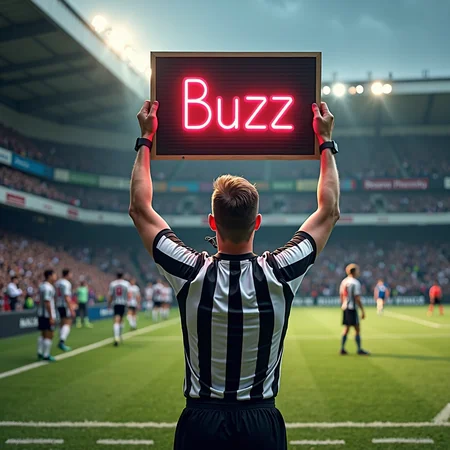 A realistic soccer field scene viewed from the field looking toward the sideline. A referee stands on the sideline, outside the field, facing the field. The referee is holding a substitution board high above his head with both hands, and a whistle is in his mouth. The substitution board glows brightly with vibrant neon lights forming the word 'Buzz' in bold letters. Behind the referee, there is a Reserve bench with some soccer players. The referee wears a classic black and white striped uniform and has a focused, professional expression. The overall style is dynamic and playful, capturing the energy and enthusiasm of a live soccer match.