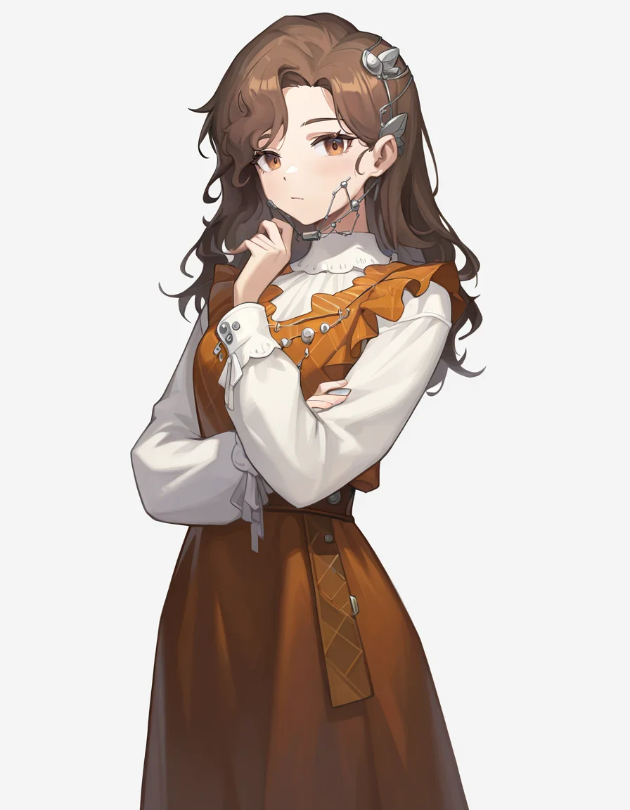 yaxian,1girl,solo,looking at viewer,simple background,white background,cowboy shot,brown eyes,<lora:yaxian-000014>,, masterpiece, best quality, very aesthetic, absurdres,newest, incredibly absurdres,