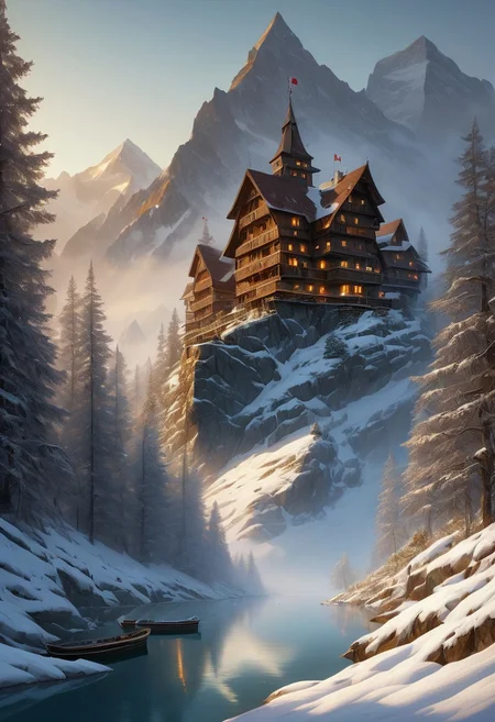 style-nebmagic, lich on the boat that approaching you, night,  Swiss alp, mountain lake, haze, masterpiece, award-winning, professional, highly detailed, undefined, snow, mist,  in the distance, glowing eyes,