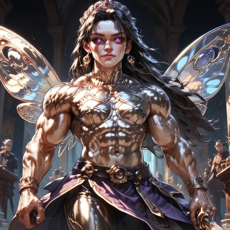 Medium shot, detailed, photorealistic, hyper realistic, score_9, score_8_up, rating_safe, solo ((arch fey, detailed violet eyes, (beautiful woman, black underbust armor, skirt, pants, sword belt, and holding a sword), ((bronze metallic gold skin ral-polishedsteel)), ((huge muscles, muscular shoulders, muscular thighs, muscular biceps, small petite breasts)), (fairy wings), (long black hair))), (standing next to a multicolored crystal throne, in a detailed throne room filled with treasures, detailed lighting), hi res, hi quality, 4k, concept art, digital art, realistic, detailed background, lens flare, pixel art, piratical beauty, great lighting