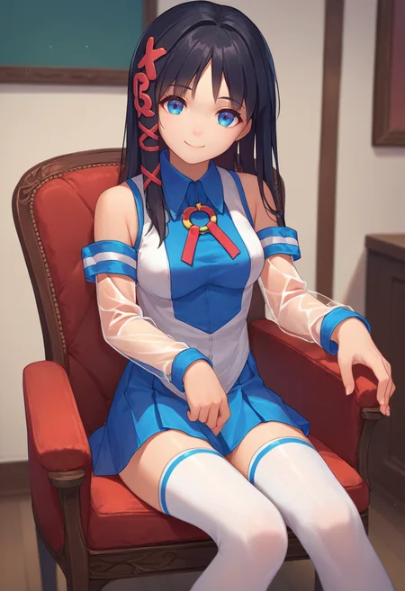 score_9, score_8_up, score_7_up, source_anime, solo, 1girl, xp-tan, smile, looking at viewer, sitting, hand on lap, chair, black hair, x hair ornament, sleeveless shirt, detached sleeves, see-through, blue skirt, white thighhighs, bare shoulders, indoors <lora:os-tan_xp-tan_ponyXL-04:1>