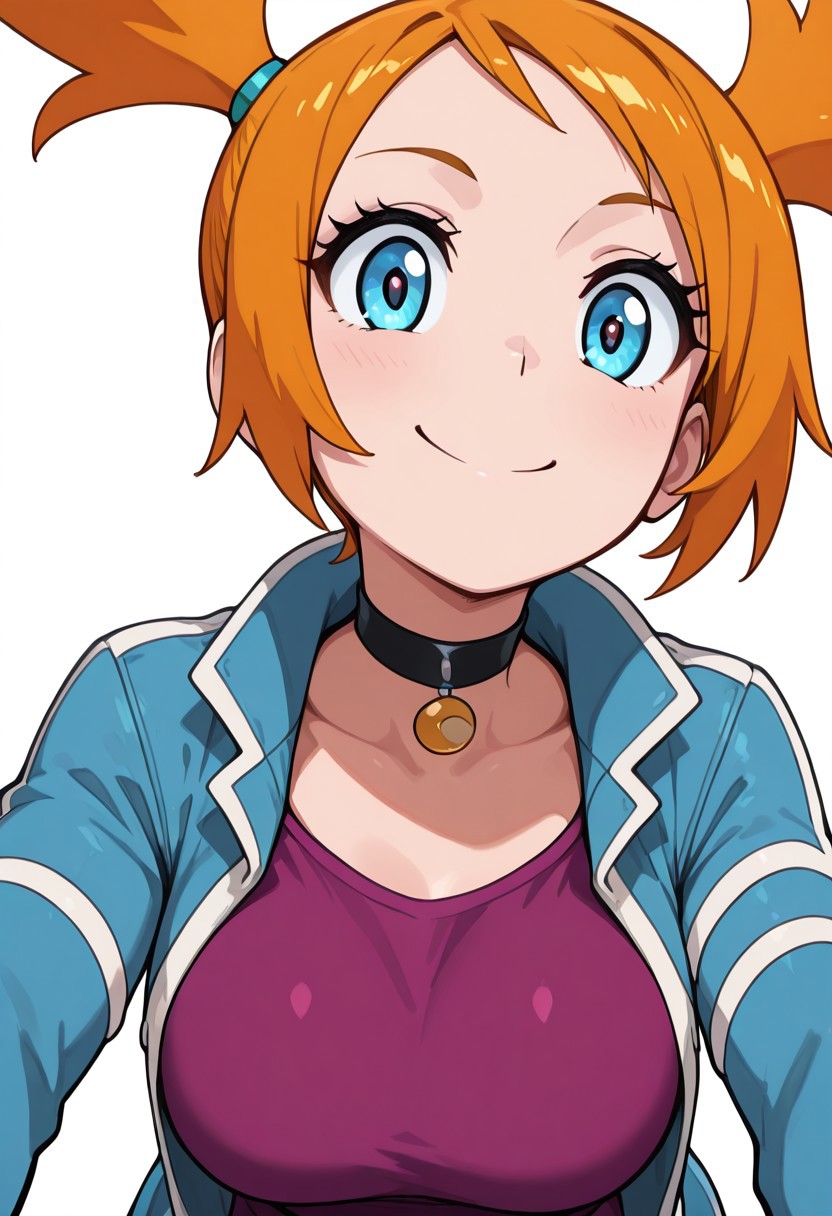 masterpiece, best quality, solo, curvy, beautiful eyes, girl, solo, smile, looking at viewer, dynamic pose, from below, (fisheye), foreshortening, close up,  (leaning forward, eye focus, anime screenshot, 
(upper body), white background,
zzRui, blue eyes, orange hair, short hair, twintails,  choker, purple shirt, long sleeves, blue jacket, open jacket,
