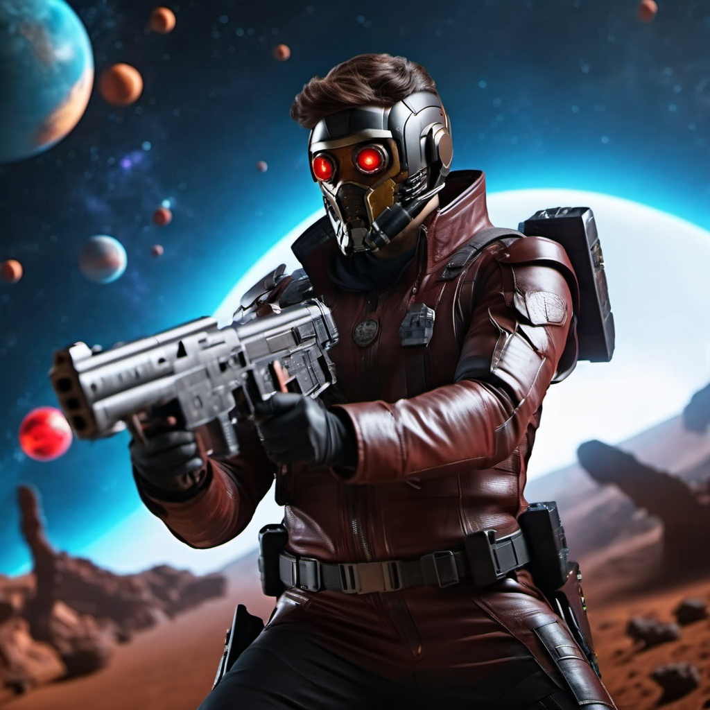 cinematic photo a man, full body with a mask aims spaceguns, planet mars background <lora:Starlord1024:0.7>  . 35mm photograph, film, bokeh, professional, 4k, highly detailed
