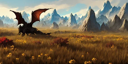 a  photo of a field from skyrim with mountains way off in the distance in the background and a dragon   by craig mullins   512SpeedPainter