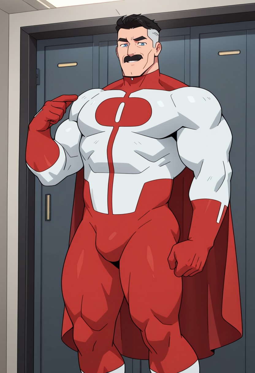 0MN1MAN, 1boy, bara, big pecs, broad shoulders, thick thighs, muscular, detailed background, perfect anatomy, masterpiece, perfect quality, best quality, detailed, newest, very aesthetic, bulge, daddy seductive smirk, blue eyes, two tone hair, undercut, mustache, black hair, mature male, superhero suit, red and white bodysuit, red gloves, white boots, cape, red leggings
