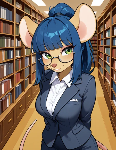 masterpiece, best quality, very aesthetic, absurdres,
indoors, library,
office lady,
seductive smile, parted lips, long eyelashes,
<lora:Dewey_Teagarden_v01_NAIXL:1>
D3w3y,1girl,solo,furry,furry female,mouse girl,mouse ears,long hair,blue hair,high ponytail,sidelocks,blunt bangs,green eyes,semi-rimless eyewear,snout,animal nose,body fur,yellow fur,mouse tail,