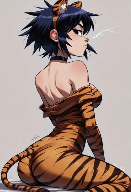 score_9, score_8_up, score_8, BREAK, 1girl, solo, breasts, <lora:noodlegorillaz-guy-PONYv1:.9>, noodlegorillaz, black hair, animal ears, tail, ass, choker, bodysuit, animal print, fake tail, tiger ears, tiger print, tiger tail, single off shoulder, sleeveless, strapless, off shoulder, pointing electricity